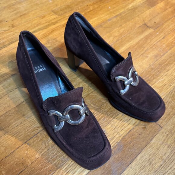 Stuart Weitzman Brown Suede Loafers with Medium Heel and Horsebit Size 8 - Picture 1 of 6